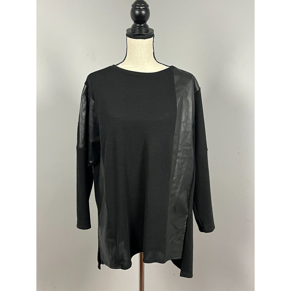 IC by Connie K Black Faux Leather Panel Mixed Media Top Women's Large
